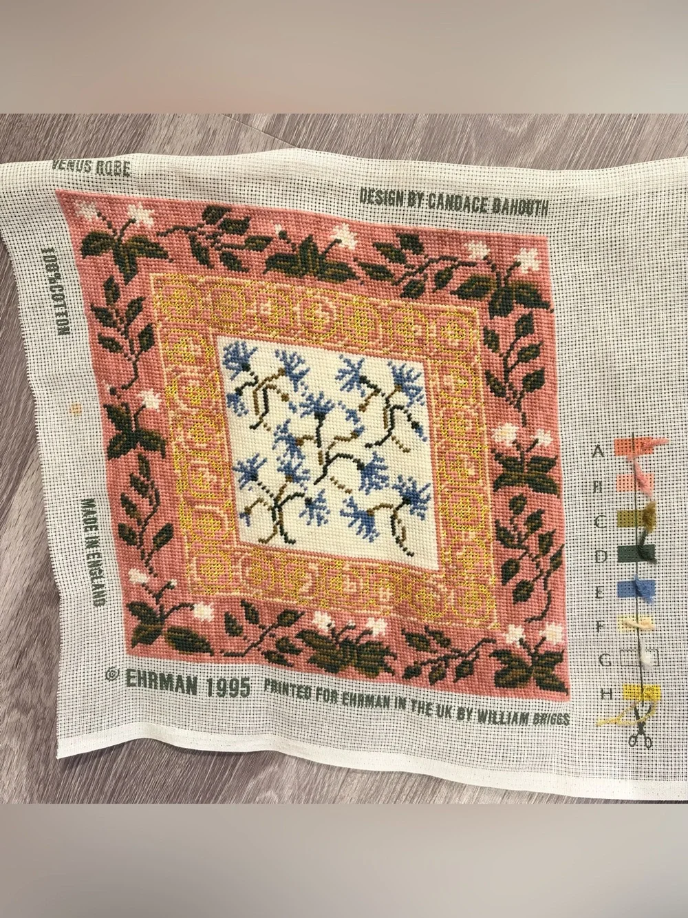 VTG Candace Dahouth Pink Floral Needlepoint Canvas by Ehrman